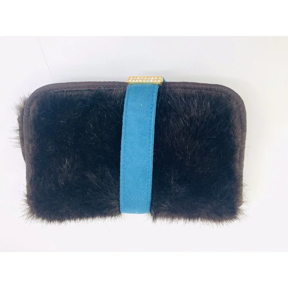 Stephanie Johnson Cosmetic Bag/Roll Crystal Bling Brown Faux Mink Fur NWOT
